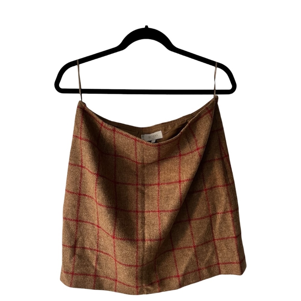 Hobb’s London Vintage Preppy Wool Tan and Red Checked Mini Skirt US Size 10